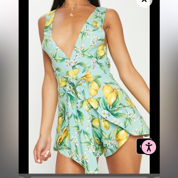 Mint Lemon Print Wrap Short Romper - Picture 3 of 4